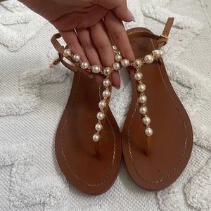 TORY BURCH- size 10 1/2 tan sandals with good and pearl details
